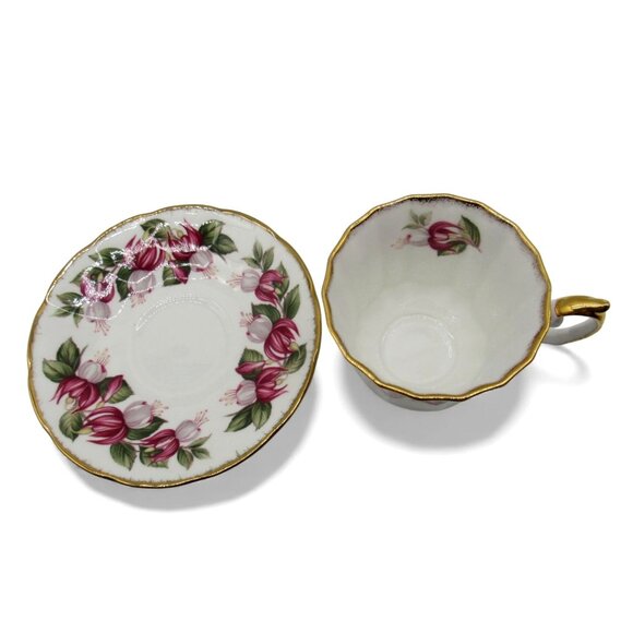 STAFFORDSHIRE Fuchsia July Flower Teacup & Saucer Set England Vintage - Picture 7 of 11